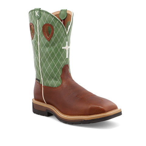 Twisted X Mens 12in Western ST MetGuard Cognac/Lime Leather Cross Work Boots