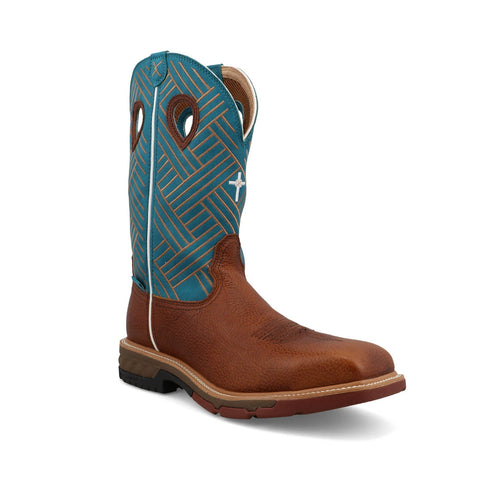 Twisted X Mens 12in Western WP Alloy Toe Sequoia/Turquoise Leather Work Boots