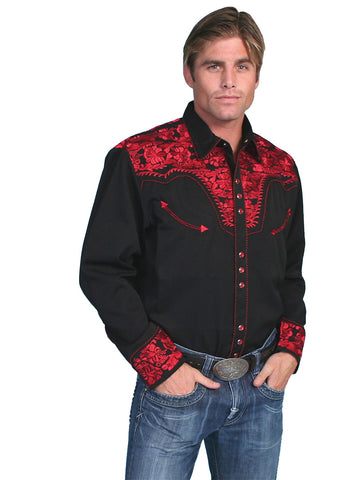Scully Mens Shirt Western Crimson Poly Blend Floral Tooled Stitch L/S XL