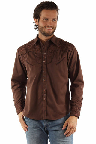 Scully Mens Floral Tooled Embroidery Mocha Poly/Rayon L/S Shirt XS