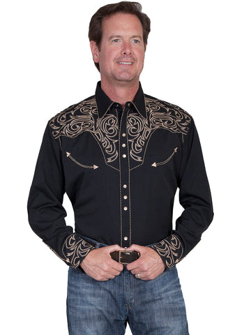 Scully Mens Black Poly/Rayon Embroidered Scroll L/S Shirt XS