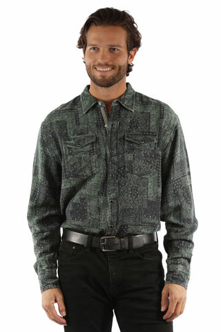 Scully Mens Signature Crack Wash Forest 100% Cotton L/S Shirt