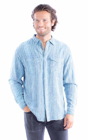Scully Mens Overdyed Jacquard Blue 100% Cotton L/S Shirt