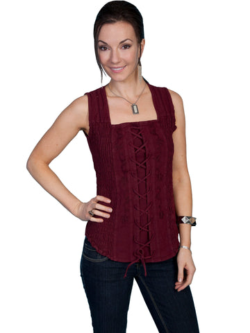 Scully Cantina Collection Tank Top Burgundy 100% Cotton Lace-Up Front