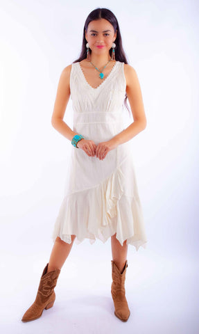 Scully Womens Ruffle Bottom Vanilla 100% Cotton S/L Dress