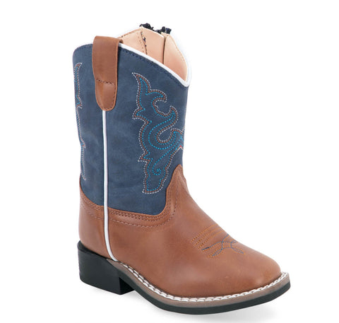 Old West Toddler Unisex Broad Square Toe Tan/Blue Faux Leather Cowboy Boots