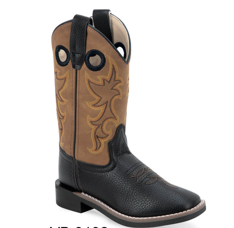 Old West Kids Unisex Broad Square Toe Tan/Black Faux Leather Cowboy Boots