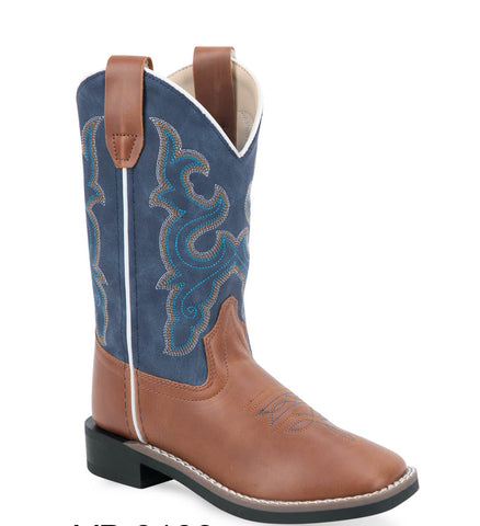 Old West Kids Unisex Broad Square Toe Tan/Blue Faux Leather Cowboy Boots