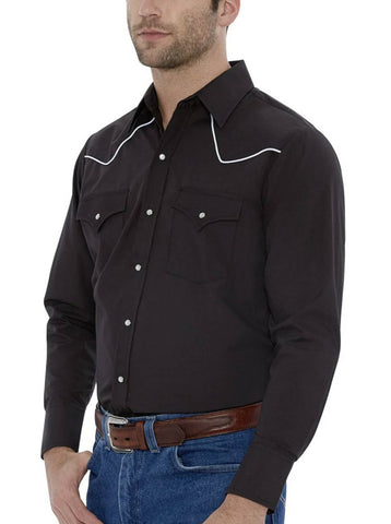 Ely and Walker Mens Contrast Piping Western Black Poly/Cotton L/S Shirt