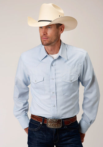 Roper Mens Blue 100% Cotton Tonal Squares L/S Tall Shirt