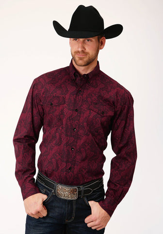 Roper Mens Wine 100% Cotton Oakleaf Paisley BD L/S Button Shirt