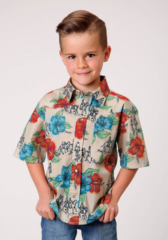 Roper Boys Multi-Color 100% Cotton Trail Ride Tropical S/S Pkt Shirt