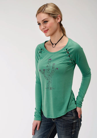 Roper Womens Moss Green Poly/Rayon Cactus L/S T-Shirt