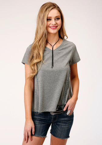 Roper Womens Charcoal Grey Poly/Rayon Inset Crochet S/S T-Shirt