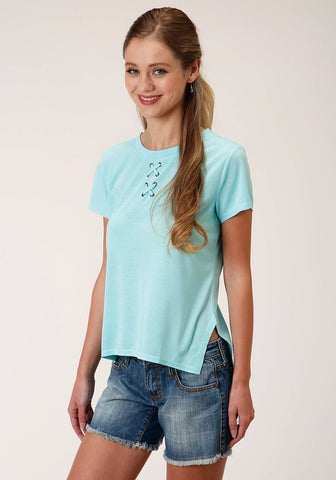 Roper Womens Light Turquoise Poly/Rayon Grommets S/S T-Shirt
