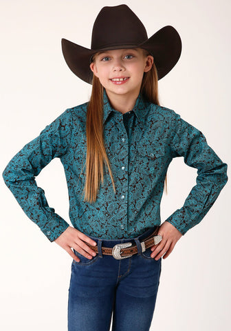 Roper Girls Kids Turquoise 100% Cotton Agave Paisley L/S Shirt