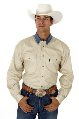 Roper Mens Basics Khaki 100% Cotton L/S Twill Denim Contrast Western Shirt