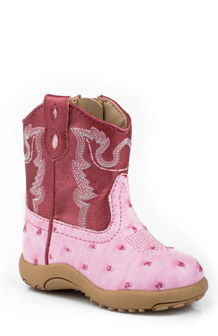 Roper Newborn Girls Boots Pink Faux Leather Ostrich Zip Cowbabies
