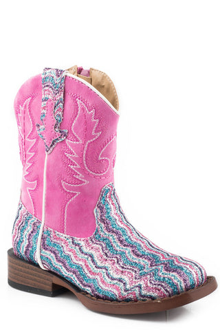 Roper Toddler Girls Pink Multi Faux Leather Glitter Waves Cowboy Boots