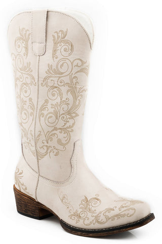 Roper Womens Vintage White Faux Leather Tall Stuff Cowboy Boots