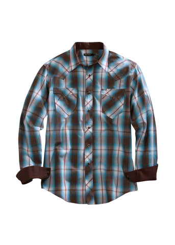Tin Haul Mens Brown 100% Cotton Turquoise Plaid L/S Shirt