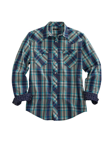 Tin Haul Mens Blue 100% Cotton Grid Plaid L/S Shirt