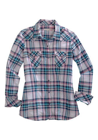Tin Haul Womens Indigo/Pink 100% Cotton Plaid L/S Shirt