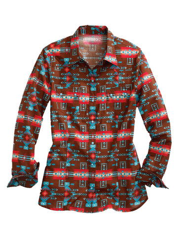 Tin Haul Womens Brown 100% Cotton Turquoise Aztec L/S Shirt