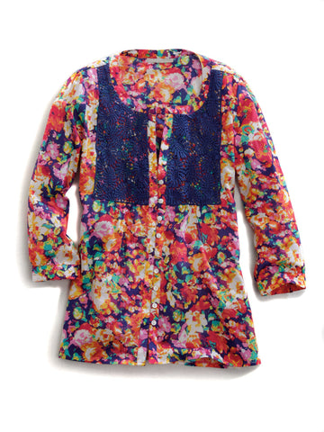 Tin Haul Ladies Multi-Color 100% Cotton Floral Impression S/S Blouse