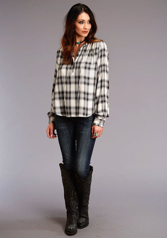 Stetson Womens Cream Rayon/Nylon Ash Plaid L/S Blouse