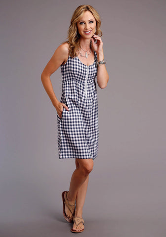 Stetson Womens Navy/White Cotton Blend Gingham Tank S/L Dress