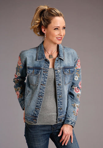 Stetson Womens Blue 100% Cotton Oversized Denim Floral Jacket