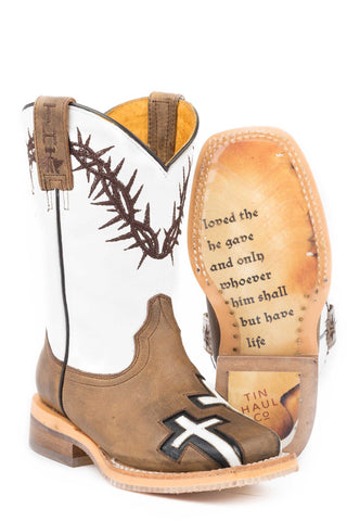 Tin Haul Crosses Boys Toddler Tan/White Leather John 316 Cowboy Boots