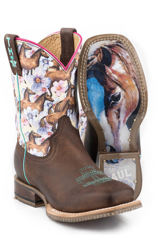 Tin Haul Kids Girls Dark Brown Leather Chestnut and Daisy Cowboy Boots