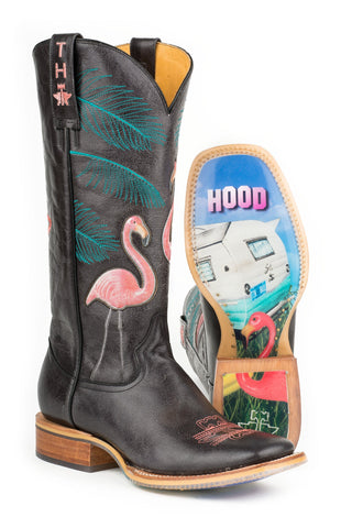 Tin Haul Trailerhood Flamingos Ladies Black Leather Cowboy Boots