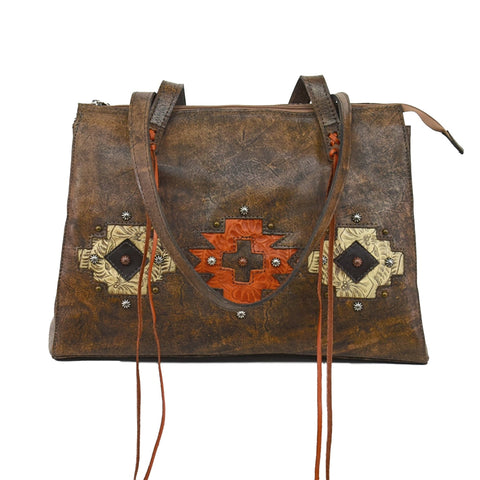 American West Navajo Soul Distressed Charcoal Leather CCS Zip Top Tote