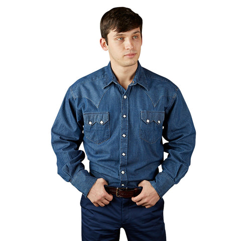 Rockmount Mens Blue 100% Cotton Stonewashed Denim Western L/S Shirt