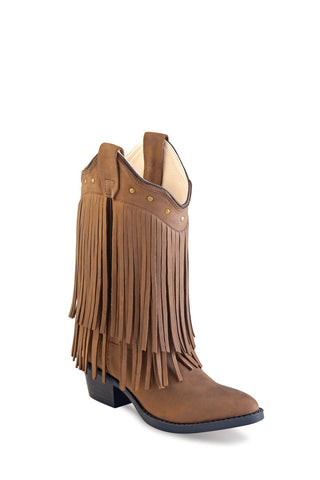 Old West Tan Kids Girls Corona Leather Fringe Fashion Boots
