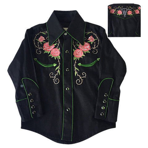 Rockmount Kids Black 100% Cotton Steer Skull & Floral L/S Shirt