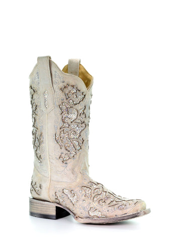 Corral Ladies Inlay White Cowhide Leather Cowgirl Boots
