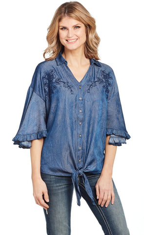 Cowgirl Up Womens Denim Polyester V-Neck Ruffle Blouse S/S