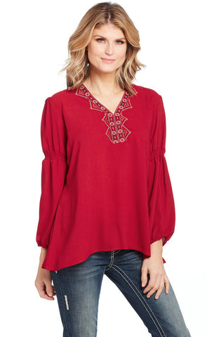 Cowgirl Up Womens Red Polyester Geometric Ruched Tunic L/S