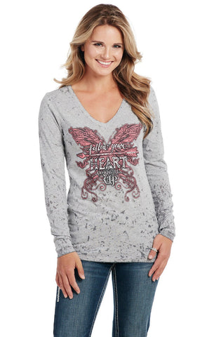 Cowgirl Up Womens Follow Your Heart Grey Cotton Blend L/S T-Shirt