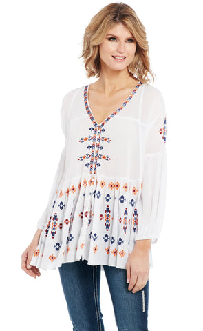 Cowgirl Up Womens White Multi 100% Rayon Embroidered Tunic L/S