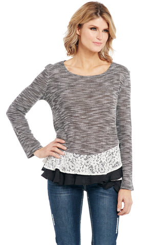 Cowgirl Up Womens Gray Polyester Laced Trim Sweater