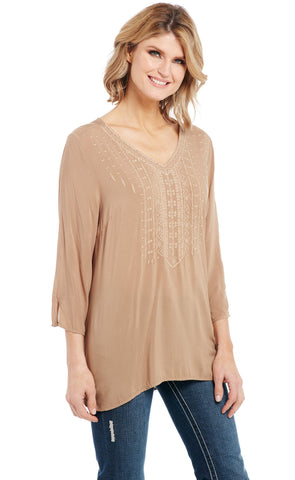 Cowgirl Up Womens Beige 100% Rayon Vintage Embroidered Tunic L/S