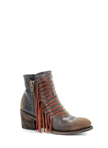 Corral Ladies Fringe Brown Cowhide Leather Ankle Boots