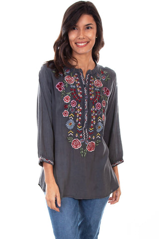 Scully Womens Charcoal Viscose Folk Floral L/S Tunic