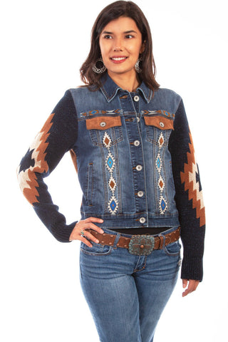 Scully Womens Denim Cotton Blend Aztec Embroidered Jacket