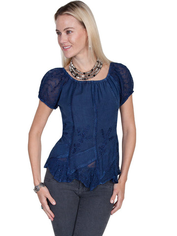 Scully Honey Creek Womens Blue 100% Rayon S/S Multi-Fabric Blouse